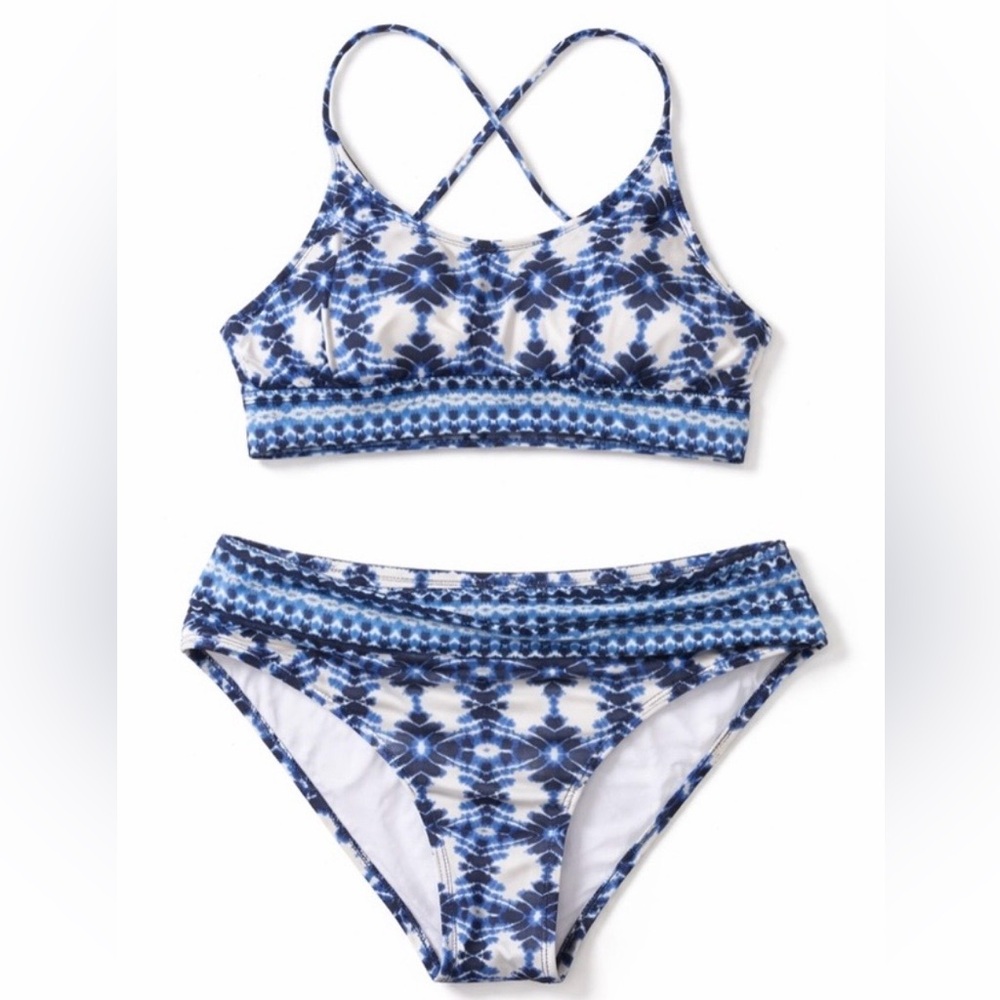 Apt. 9 Blue White Tie Dye Criss Cross Bikini Set Strappy 2 Piece Medium